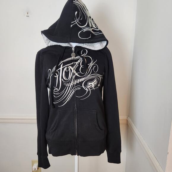 Y2K Fox Racing Zip Up Hoodie Jacket Sz XS Small Womens Black Embroidered Sherpa - Picture 1 of 16